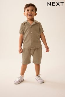 Neutral Tan Short Sleeve Towelling Shirt and Shorts Set (3mths-7yrs) (Q72925) | KRW32,000 - KRW40,600