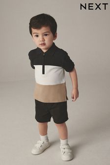 Black/White 2pc Zip Polo Shirt and Shorts Set (3mths-7yrs) (Q72926) | HK$113 - HK$148