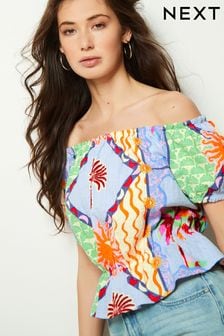 Bright Tropical Print Bardot Puff Sleeve Blouse (Q73156) | $30