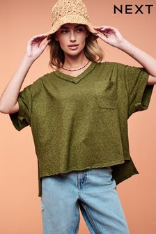 Khaki Green Oversized Linen Look Washed Pocket Detail Slouch V-Neck T-Shirt (Q73171) | KRW38,800
