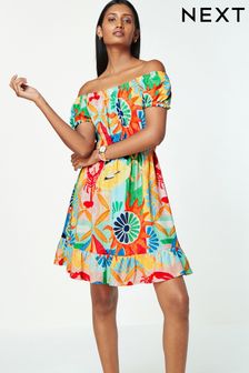 Lobster Print Bardot Puff Sleeve Jersey Summer Dress (Q73188) | 126 QAR