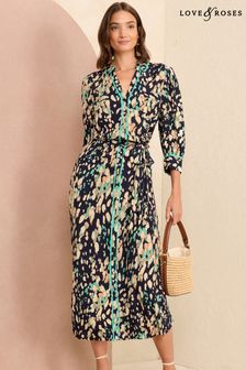 Love & Roses Printed Patch Pockets Shirt Dress