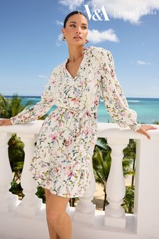 V&A | Love & Roses Ivory White Floral Linen Blend V Neck Lace Trim Belted Mini Dress (Q73226) | 297 QAR