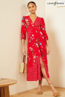 Czerwony z naszywką w motywy kwiatowe - Sukienka midi Love & Roses z długim rękawem, dekoltem w szpic i węzłem (Q73236) | 365 zł