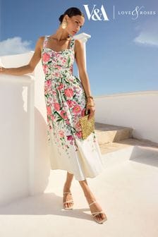 Kość słoniowa w kwiatowy wzór - V&a | Love & Roses Linen Blend Printed Cami Midi Dress (Q73237) | 440 zł