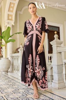 V&A | Love & Roses Pink and Black Printed V Neck Hanky Hem Midi Dress (Q73243) | $88