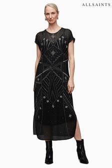AllSaints Black Embroidered Etta Dress (Q73435) | kr3,881