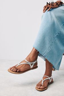 Silver Regular/Wide Fit Forever Comfort® Leather Plait Toe Post Flat Sandals (Q73475) | $41