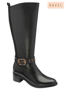 Ravel Black Leather Zip-Up Knee High Boots (Q73684) | €179