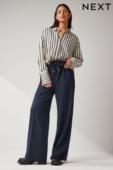 Navy Textured Elasticated Wide Leg Trousers (Q73718) | ￥7,210