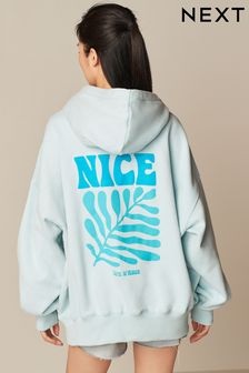 Aqua Blue Oversized Relaxed Fit New York Back Graphic Slogan Longline Hoodie (Q73774) | SGD 59