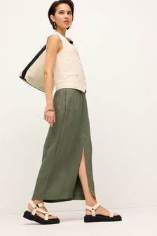 Khaki Green Utility Midi Skirt With Centre Slit (Q73782) | AED136