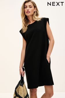Black Relaxed Fit Jersey Short Sleeve Dress (Q73799) | SGD 52