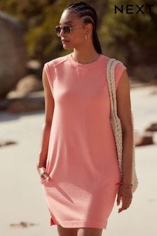 Coral Pink Relaxed Fit Jersey Short Sleeve Dress (Q73801) | AED120