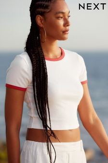 Rouge/blanc - T-shirt slim côtelé à manches courtes et col ras du cou (Q73849) | €7