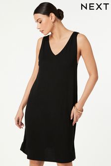Black Sleeveless Slouch V-Neck Mini Dress (Q73856) | kr185