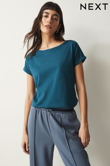 Teal Blue Round Neck Cap Sleeve T-Shirt (Q73874) | CA$16