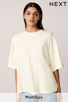 Ecru White 100% Cotton Heavyweight Relaxed Fit Crew Neck T-Shirt (Q73881) | €9