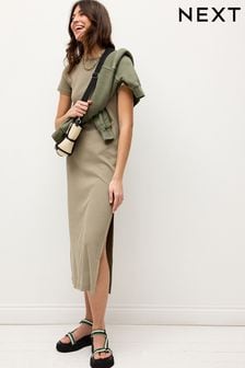 Green Ribbed T-Shirt Style Column Maxi Dress With Slit Detail (Q73884) | $24