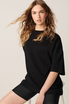 Black 100% Cotton Heavyweight Longline Relaxed Fit Crew Neck T-Shirt (Q73887) | $18
