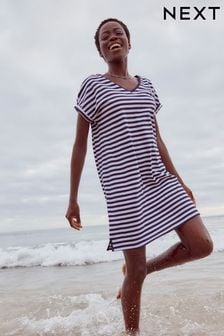 Navy/White 100% Cotton Relaxed V-Neck Capped Sleeve Tunic Dress (Q73888) | €15