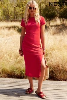 Red Ribbed T-Shirt Style Column Maxi Dress With Slit Detail (Q73894) | LEI 101