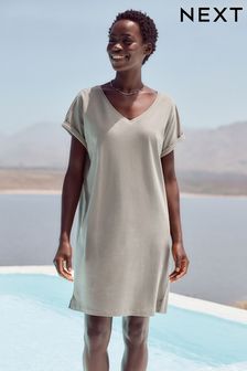 Olive Green 100% Cotton Relaxed V-Neck Capped Sleeve Tunic Dress (Q73904) | Kč320