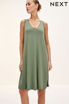 Green Sleeveless Slouch V-Neck Mini Dress (Q73910) | kr185