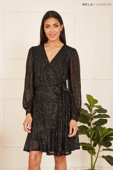 Mela Black Sequin Long Sleeve Frill Wrap Dress (Q73951) | $121