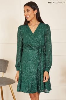 Mela Green Sequin Long Sleeve Frill Wrap Dress (Q73953) | $121