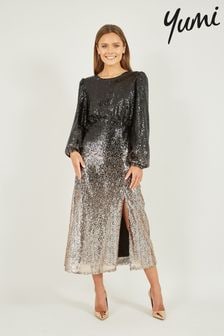 Yumi Black Sequin Ombre Long Sleeve Midi Dress (Q73959) | $137