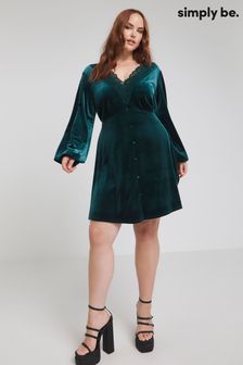 Zielona welurowa sukienka obszyta koronką Simply Be o rozkloszowanym dole (Q74011) | 112 zł