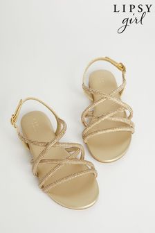 Lipsy Gold Low Block Embellished Heel Occasion Sandal (Q74288) | €32 - €35