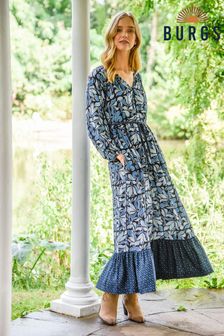Burgs Womens Blue Penhallow Midi Mix Print Woven Dress