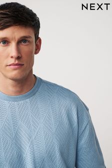 כחול  - חולצת טי בגזרה רפויה מבד בעל מרקם (Q74586) | ‏62 ‏₪