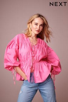 Pink Poplin Layered Tie Blouse (Q74606) | AED128