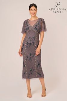 Adrianna Papell Purple Flutter Beaded Ankle Dress