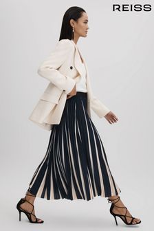 Reiss Navy/Cream Saige Pleated Striped Midi Skirt (Q74766) | $474