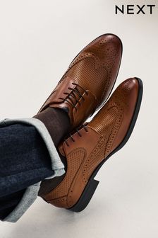 Tan Brown Leather Embossed Wing Cap Brogues Shoes (Q74890) | $75