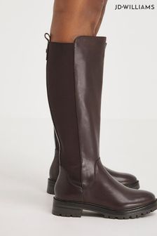 JD Williams Wide Leather High Leg Brown Boots With Back Elastic Detail (Q74908) | LEI 507