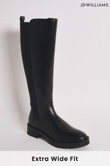 JD Williams Extra Wide Fit Leather High Leg Black Boots With Back Elastic Detail (Q74911) | €122
