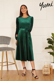 Yumi Green Velvet Long Sleeve Midi Skater Dress (Q75082) | $110
