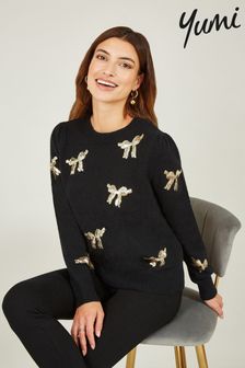 Yumi Black Sequin All Over Applique Bow Knitted Jumper (Q75084) | €66