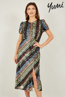 Yumi Natural Rainbow Stripe Sequin Midi Dress (Q75085) | kr974