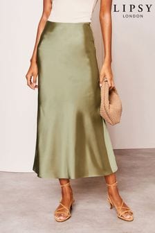 Lipsy Khaki Green Petite Satin Bias Cut Midi Skirt (Q75097) | $48