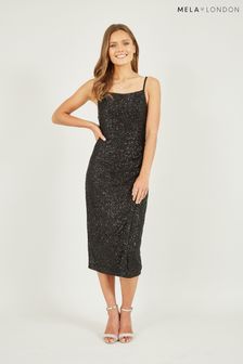 Mela Black Sequin Fitted Wrap Midi Dress (Q75173) | AED277