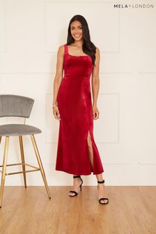 Mela Red Velvet Fitted Midi Dress (Q75175) | $72
