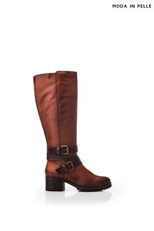 Moda in Pelle 	Brown Hadleigh Buckle Detail Chunky Long Boots