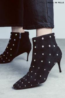 Moda in Pelle Wenoa Sq Toe Kitten Heel Crystal Stone Ankle Black Boots (Q75413) | $221