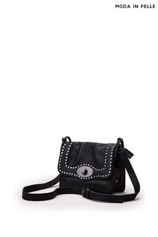 Moda in Pelle Charlotte  Black Studded Cross-Body Flap Bag (Q75471) | 589 QAR